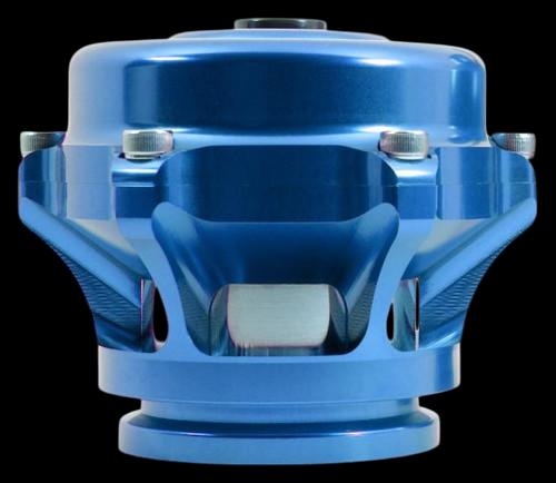 TiAL Sport Q BOV in blue, front view showing bolted flange, weep holes, and center valve piston