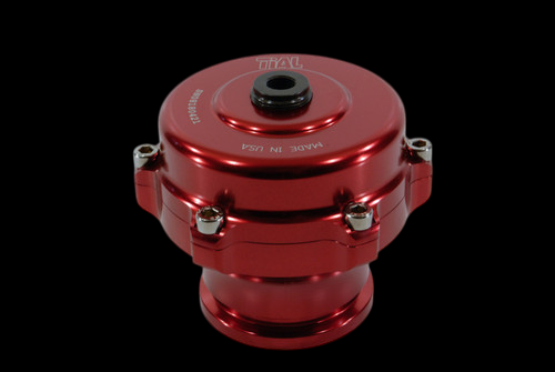 TiAL Sport QR BOV 11 PSI red blow off valve, top angled view showing black cap, hex bolts and flange base