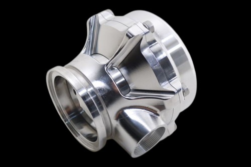 Polished silver TiAL Sport QR BOV housing, angled front view showing dual inlet ports and side flange