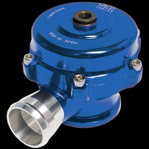 TiAL Sport QR BOV 10 PSI blue anodized blow off valve, angled view showing top port, hex bolts, and 1.5in inlet flange