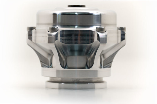 Front view of TiAL Sport Q BOV 12 PSI, silver billet housing with mounting bolts and flange base.