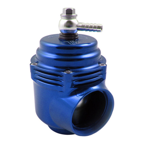TiAL Sport QRJ BOV, blue anodized body, 3 PSI spring, side angle showing hose barb fitting and inlet flange, no flanges included