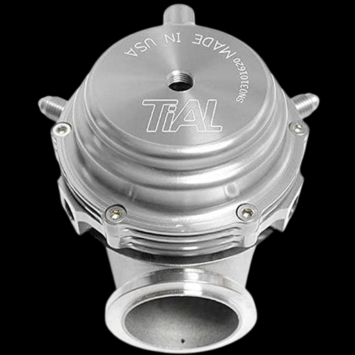 TiAL Sport MVS wastegate in silver, top down view showing TiAL logo, mounting screws, and bottom flange opening.