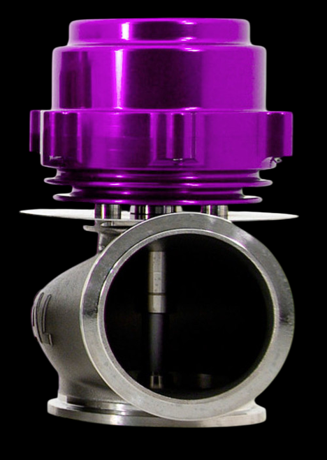 TiAL Sport V60 wastegate, 60mm, purple anodized top with silver flanged inlet, side view
