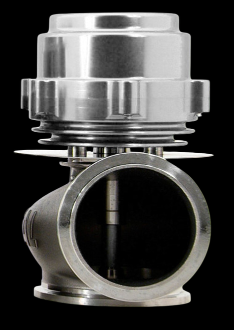 TiAL Sport V60 60mm wastegate, silver, front view showing valve, spring cap and inlet flange