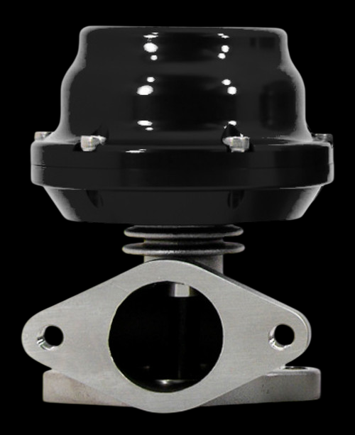 TiAL F38 wastegate, 38mm, black dome top, front view showing valve stem and flange base