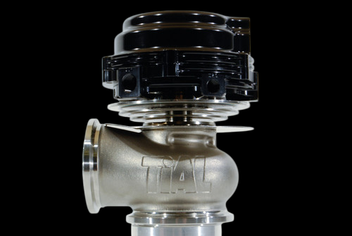 TiAL Sport MVR 44mm wastegate with black top cap, side angle showing V-band flanges and TiAL logo