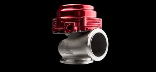 TiAL Sport MVR 44mm wastegate in red, angled view showing top cap, body, and steel inlet flange.