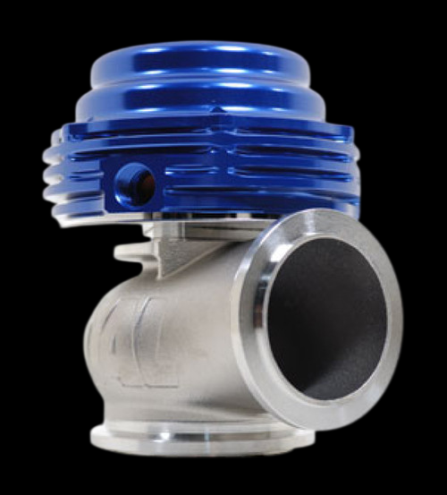 TiAL Sport MVS wastegate in blue, side angle showing finned actuator top and cast steel valve body with clamp flanges.