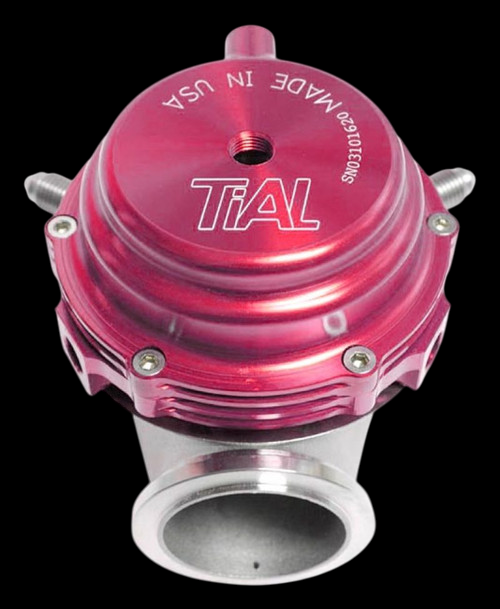 TiAL Sport MVR 44mm wastegate in red, top down view showing TiAL logo, mounting studs, and outlet flange