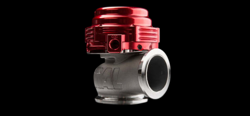TiAL Sport MVS 38mm wastegate in red, side angle view showing flanged inlet and spring housing top