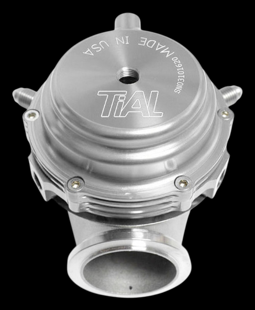 TiAL Sport MVR 44mm wastegate in silver, top down view showing dome, mounting studs and flange