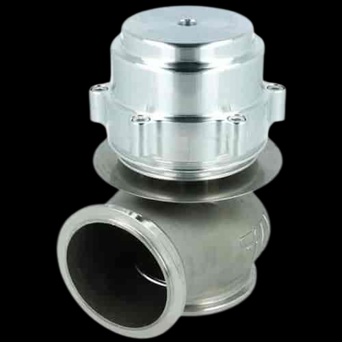 TiAL Sport V50 wastegate, 50mm, silver top with steel body, angled view showing inlet flange and bolts.