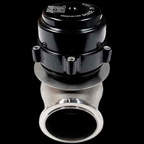 TiAL Sport V50 wastegate, 50mm, black top cap, front angle showing polished inlet flange and outlet port