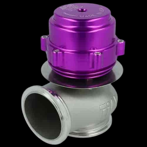 TiAL Sport V50 wastegate, 50mm, purple top cap, angled view showing silver flange body and inlet.