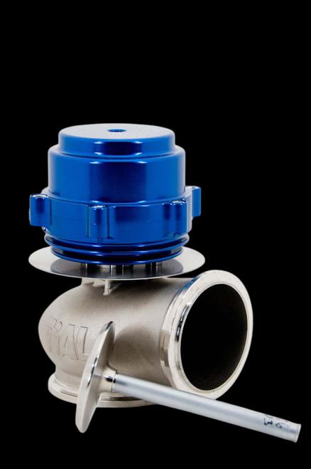TiAL Sport V50 wastegate, 50mm, blue actuator top, silver body with flange and lever arm visible