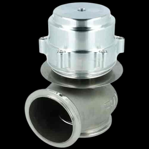 TiAL Sport V50 external wastegate, silver 50mm body, top actuator cap, side inlet flange visible