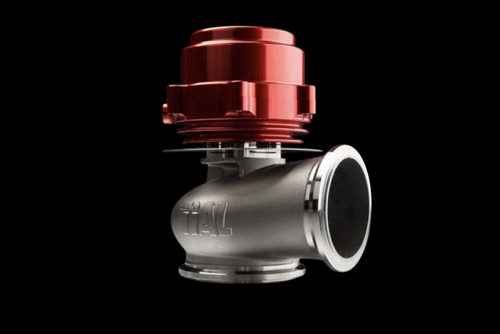 TiAL Sport V50 wastegate, red anodized top, angled view showing dual flanged outlet ports and TiAL logo