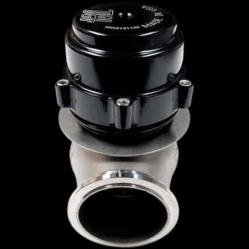 TiAL Sport V50 wastegate, 50mm, 1.4 Bar, black top cap, front view showing polished inlet flange and clamp bracket