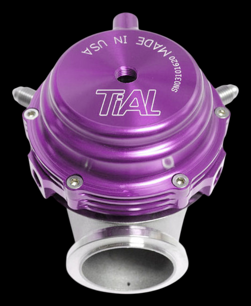 TiAL Sport MVR 44mm wastegate in purple, top down view showing logo, mounting studs and inlet flange