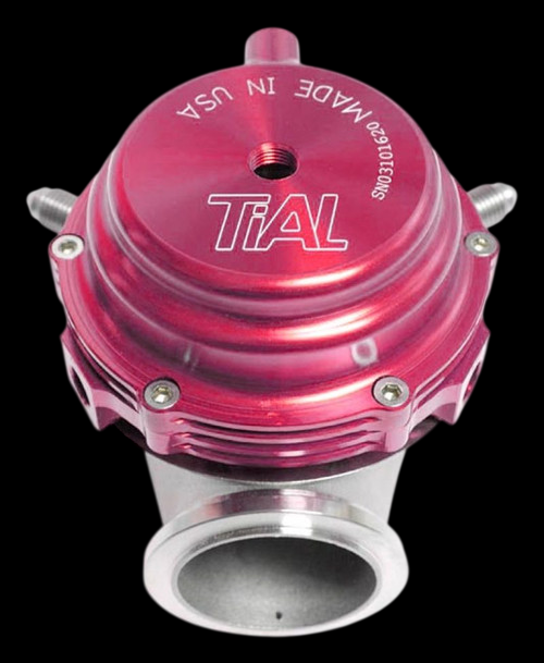 TiAL Sport MVR 44mm wastegate in red, top down view showing logo, bolts, and inlet flange