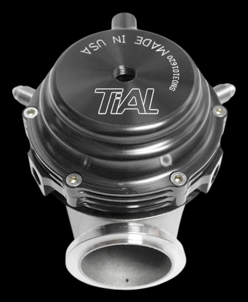 TiAL Sport MVR 44mm wastegate in black, top down view showing TiAL logo, port fitting and mounting flange