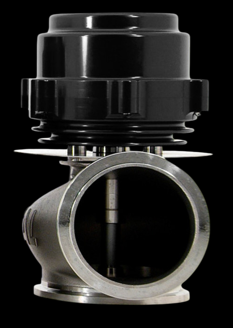 TiAL Sport V60 wastegate, 50mm, black actuator top, side view showing cast body and flange