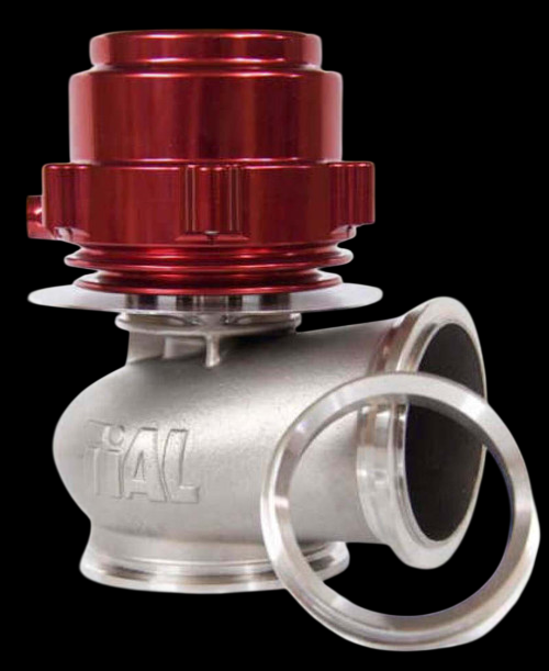 TiAL Sport V60 wastegate, 60mm, red top cap, angled view showing V-band flanges