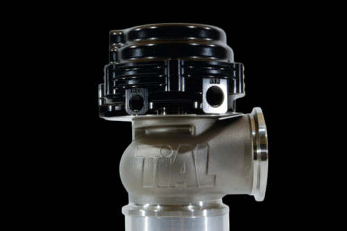 TiAL Sport MVS 38mm wastegate, black top, side view showing body flange and mounting holes.