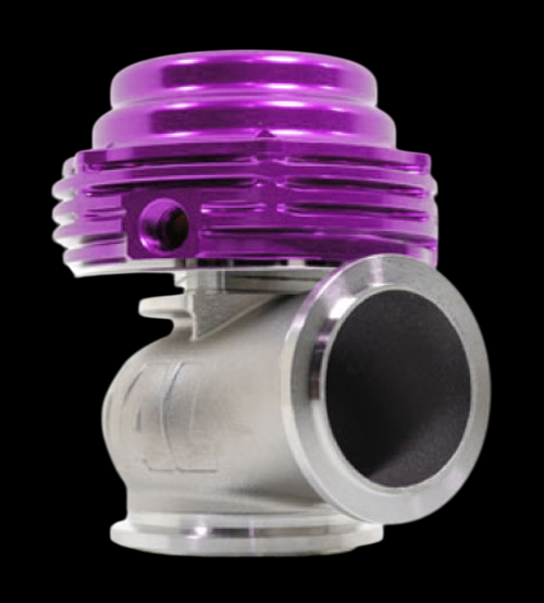 TiAL Sport MVS 38mm wastegate, purple anodized top, silver body with side inlet flange visible