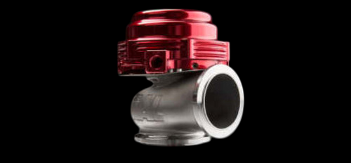 TiAL Sport MVR 44mm wastegate in red, side angle showing polished inlet flange and top cap