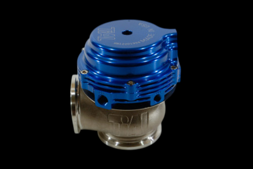 TiAL Sport MVR 44mm wastegate in blue, angled side view showing finned housing and flange ports.
