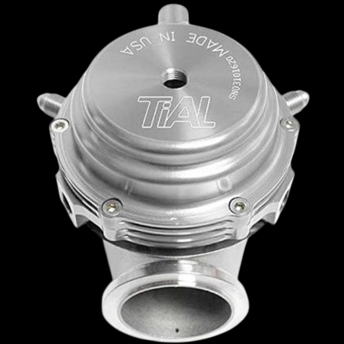 TiAL Sport MVS 38mm wastegate, silver, top down view showing domed cap, bolts, and flange outlet