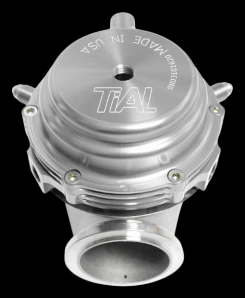 TiAL Sport MVR 44mm wastegate, silver, top down view showing domed cap and inlet flange
