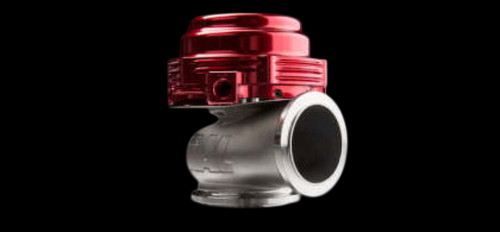 TiAL Sport MVR 44mm wastegate, red, side angle showing inlet flange and top spring cap