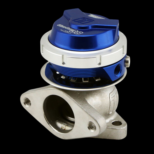 Turbosmart WG38 Gen V Ultragate 38 14psi wastegate, blue top cap, angled view showing cast flange base