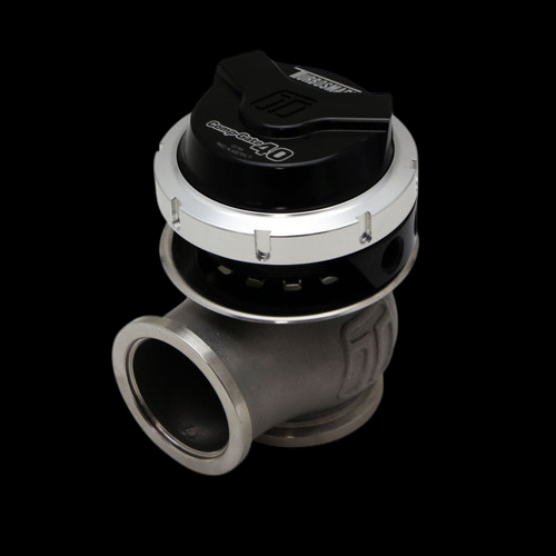 Turbosmart GenV CompGate40 external wastegate, black cap, side angle showing inlet flange and clamp ring