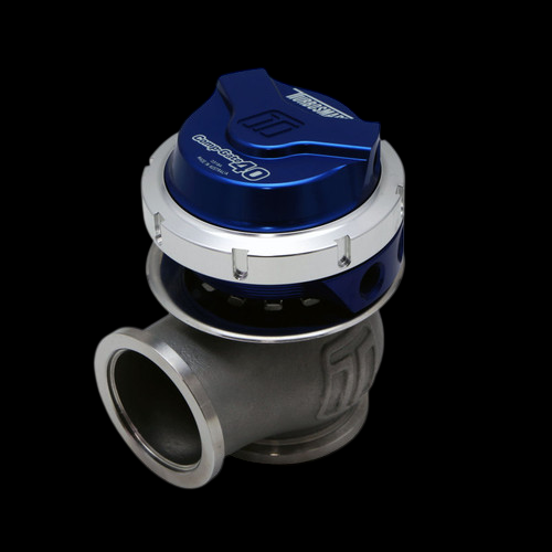 Turbosmart WG40 Gen V Comp Gate 40mm external wastegate, blue billet top, angled view showing inlet flange