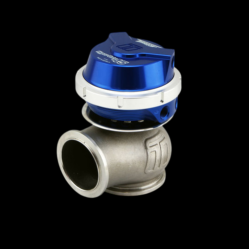 Turbosmart WG45 Gen V Hyper-Gate 45 external wastegate, blue actuator cap, angled view showing v-band inlet and outlet flanges