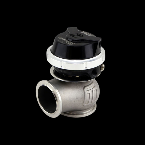 Turbosmart Gen V WG45 HyperGate45 external wastegate in black, angled view showing top cap and V-band flange inlet