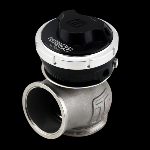 Turbosmart WG50 Pro-Gate 50 external wastegate, black top cap, angled view showing V-band inlet flange