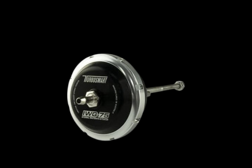 Turbosmart IWG75 black wastegate actuator, front view showing rod arm and mounting bracket