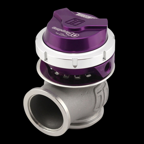 Turbosmart WG40 Gen V Compgate 40mm external wastegate, purple cap, side angle showing V-band inlet and outlet flanges