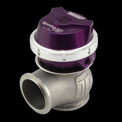 Turbosmart WG45 Hyper-Gate45 external wastegate, purple top cap with silver clamp band, steel V-band flanged body angled to show inlet.