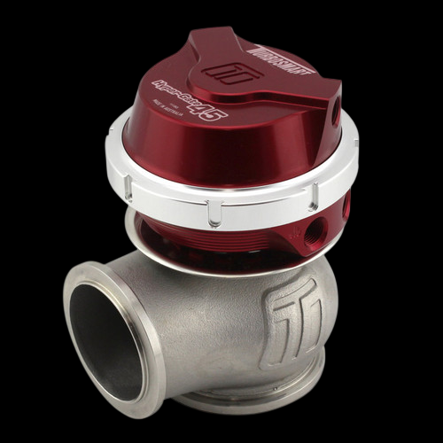Turbosmart WG45 Gen V Hyper-Gate 45 external wastegate, red top and clamp, steel V-band flange body, side view