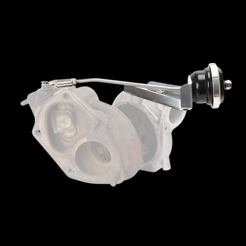 Turbosmart IWG75 black internal wastegate actuator mounted on turbo housing, angled side view