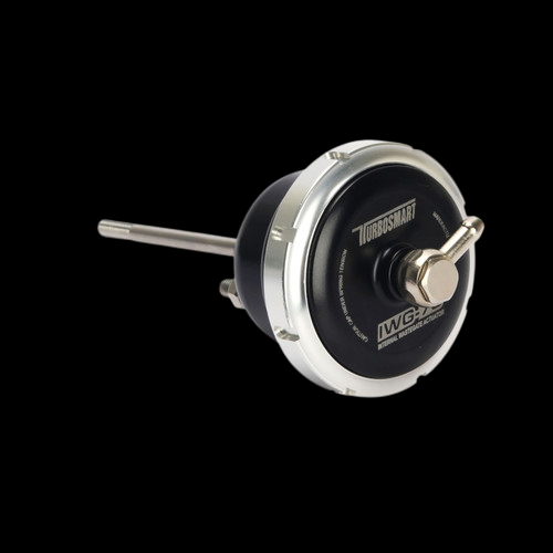 Turbosmart IWG75 black internal wastegate actuator, angled view showing rod and pivot arm