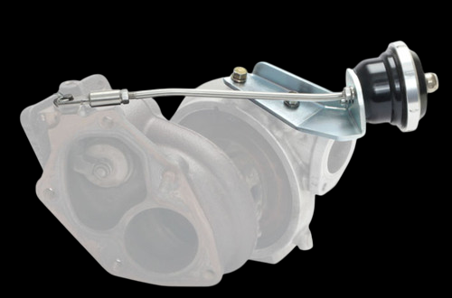 Turbosmart IWG75 black wastegate actuator mounted on EVO 9 turbo, angled side view showing linkage arm and bracket