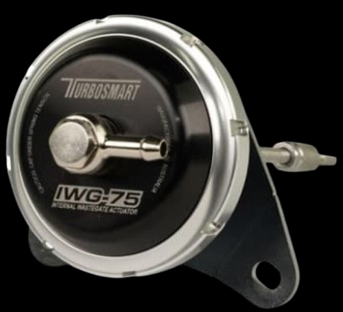 Turbosmart IWG75 wastegate actuator, black housing with chrome trim, side angle showing fitting and mounting bracket