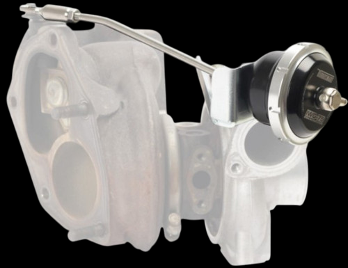Turbosmart IWG75 black wastegate actuator mounted on ghosted EVO turbo housing with linkage rod